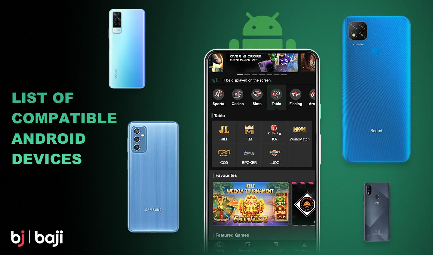 Baji मोबाइल ऐप Android उपकरणों की एक बड़ी सूची के साथ संगत है